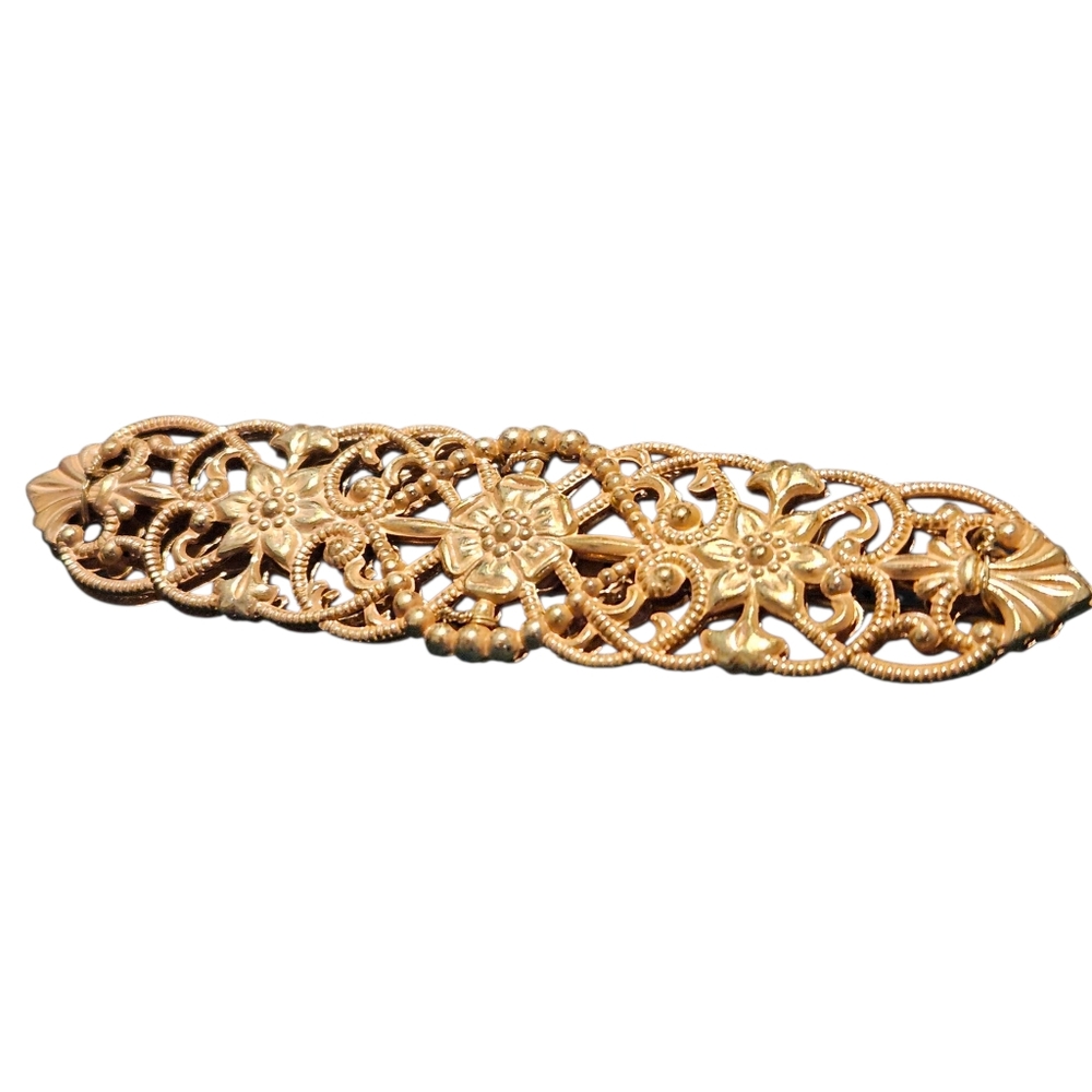 Miriam Haskell Gilded Filigree Bar Pin Vintage Gold Tone Floral Signed - Picture 6 of 9